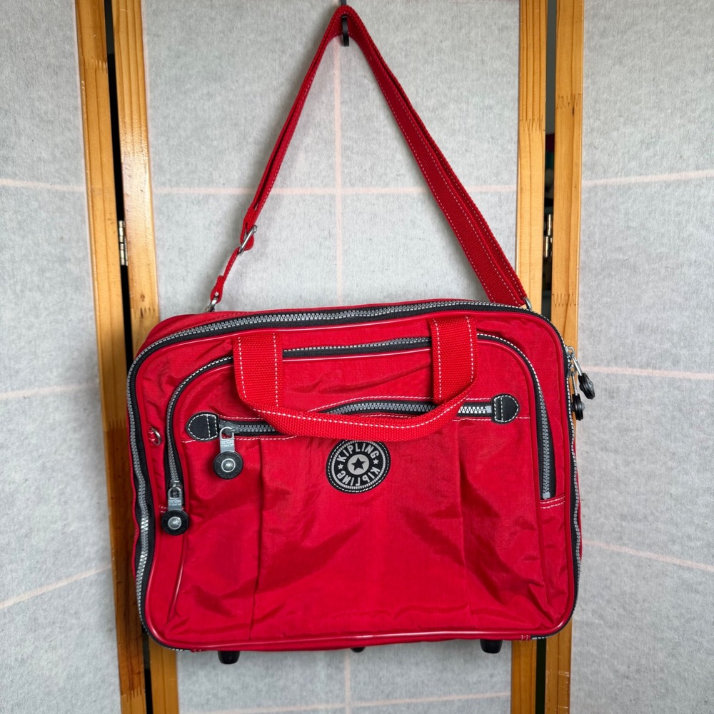 Vintage Kipling Large Red Nylon Messenger Bag Briefcase Travel